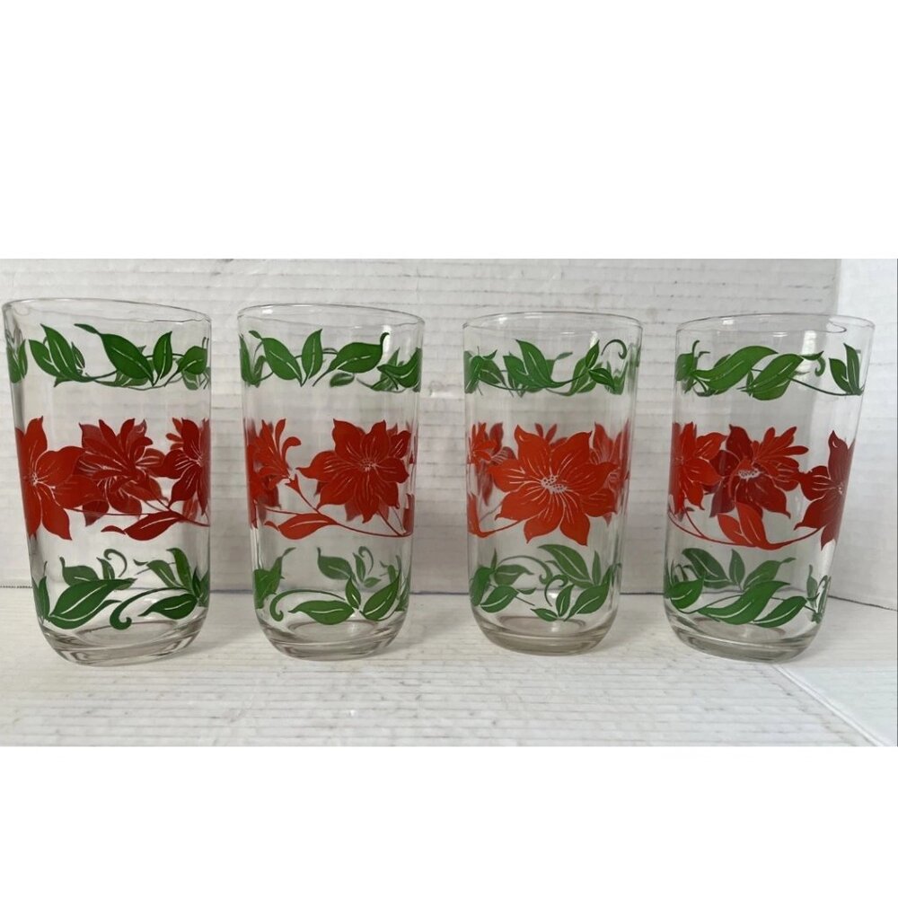 Vintage Christmas Poinsettia Tumblers Set of 4 MCM Holiday Glasses